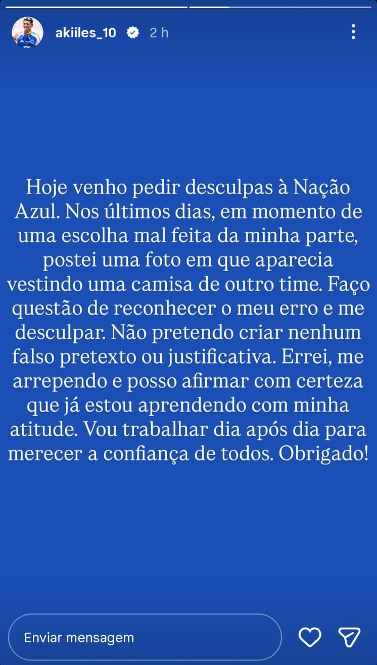Pedido de desculpas de Akiles à torcida do Cruzeiro - (foto: Reprodução)